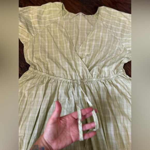 Madewell Green Plaid Tie-Waist Cotton Midi Dress Puff Sleeve Prariecore Sz L - Picture 12 of 13